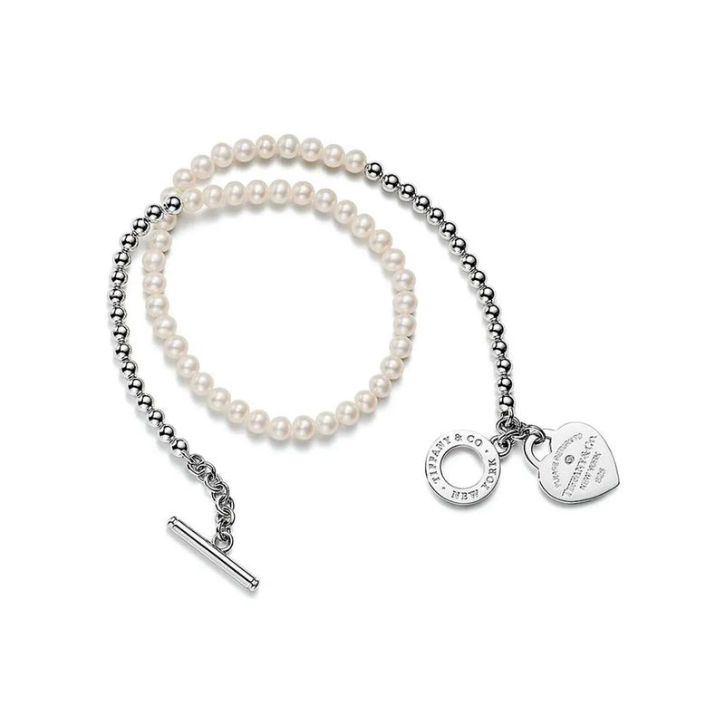 Pulseira Contas, Perolas e Coração Brilhante