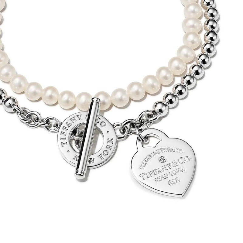 Pulseira Contas, Perolas e Coração Brilhante
