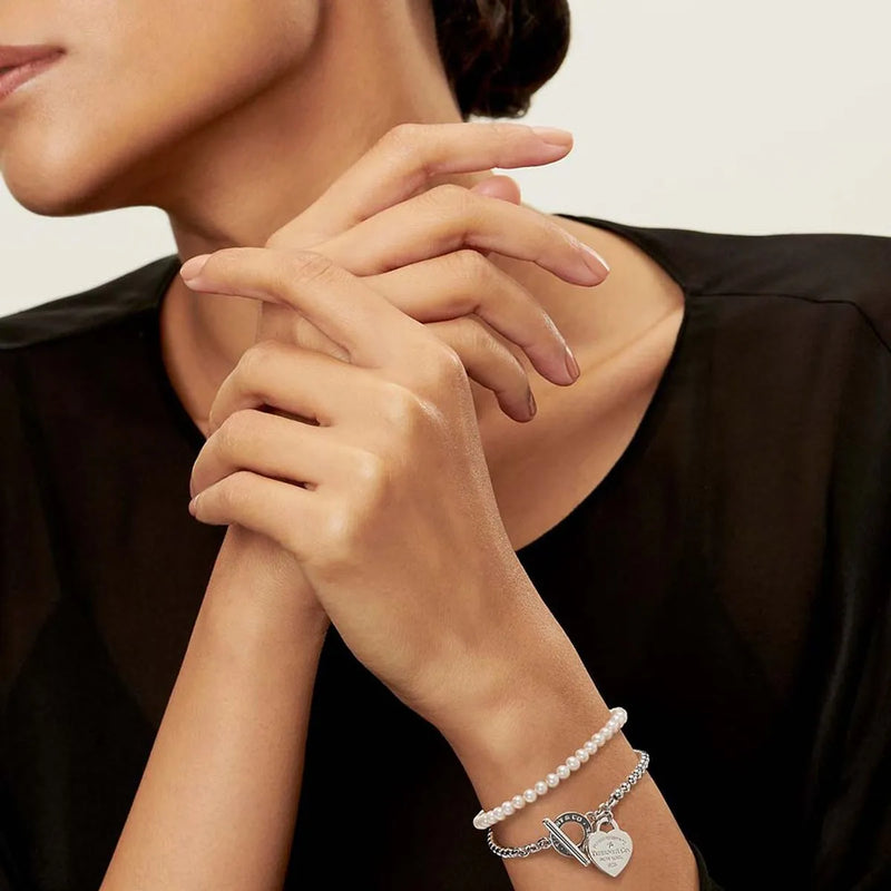 Pulseira Contas, Perolas e Coração Brilhante