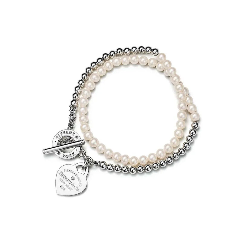 Pulseira Contas, Perolas e Coração Brilhante