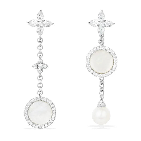 Brincos Assimétricos de Nácar Branco e Pérola - Aphrodite Joias